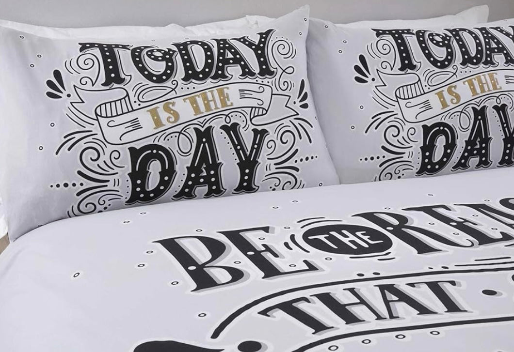 Double Duvet Cover Bed Quilt Set “Today is The Day” Black White Gold, Polycotton