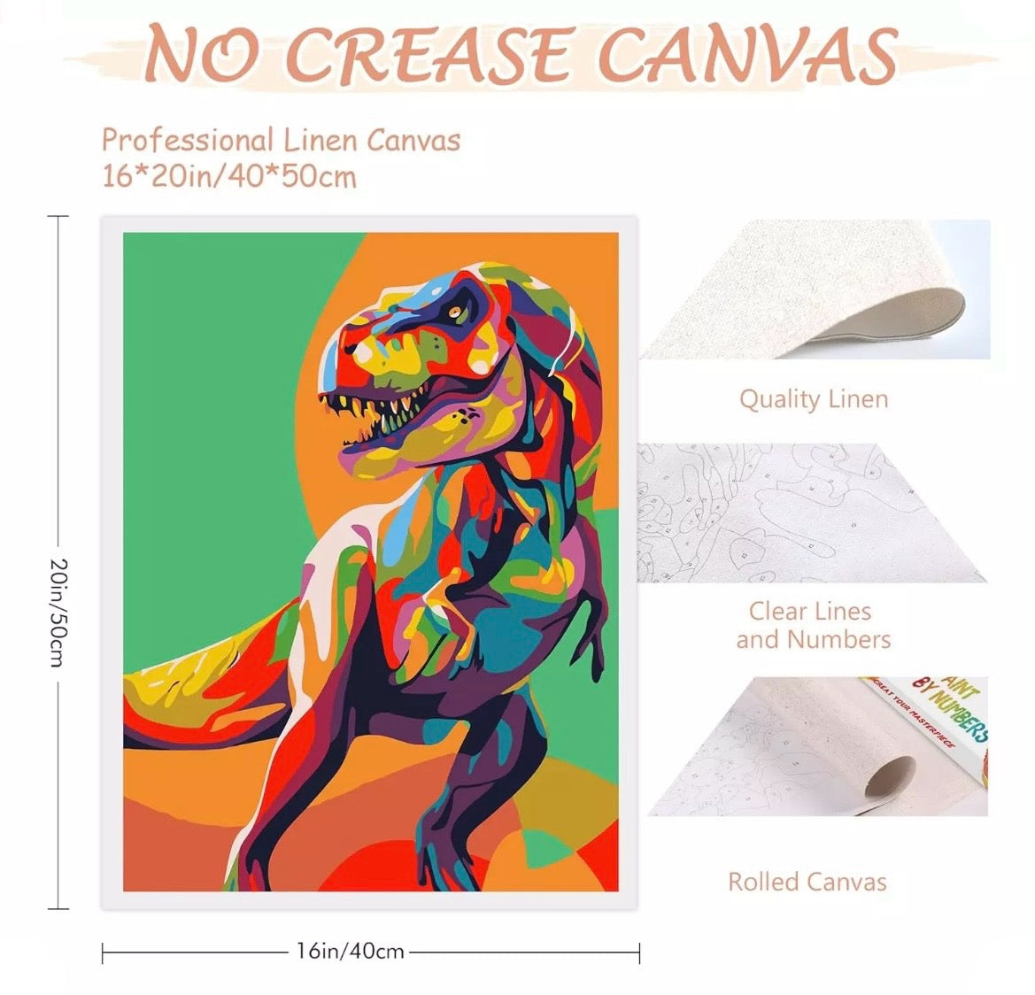 DIY PAINT BY NUMBERS ON CANVAS COLOURFUL DINOSAUR 40cm X 50cm