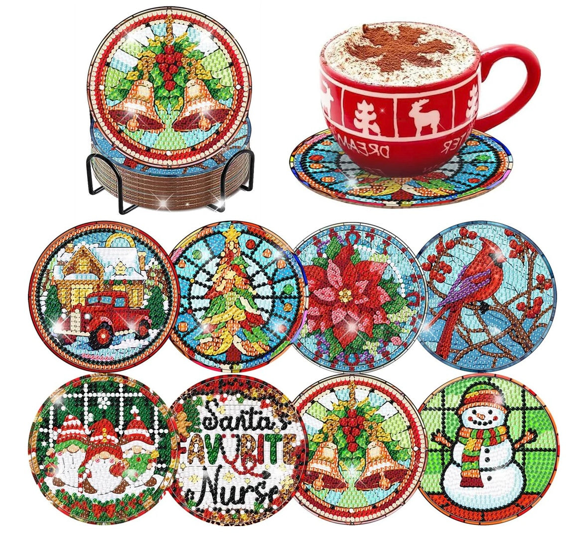 Christmas Diamond Painting Coasters Set of 8 With Holder
