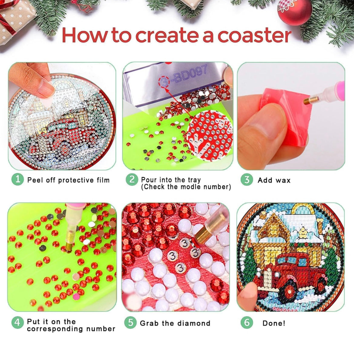 Christmas Diamond Painting Coasters Set of 8 With Holder