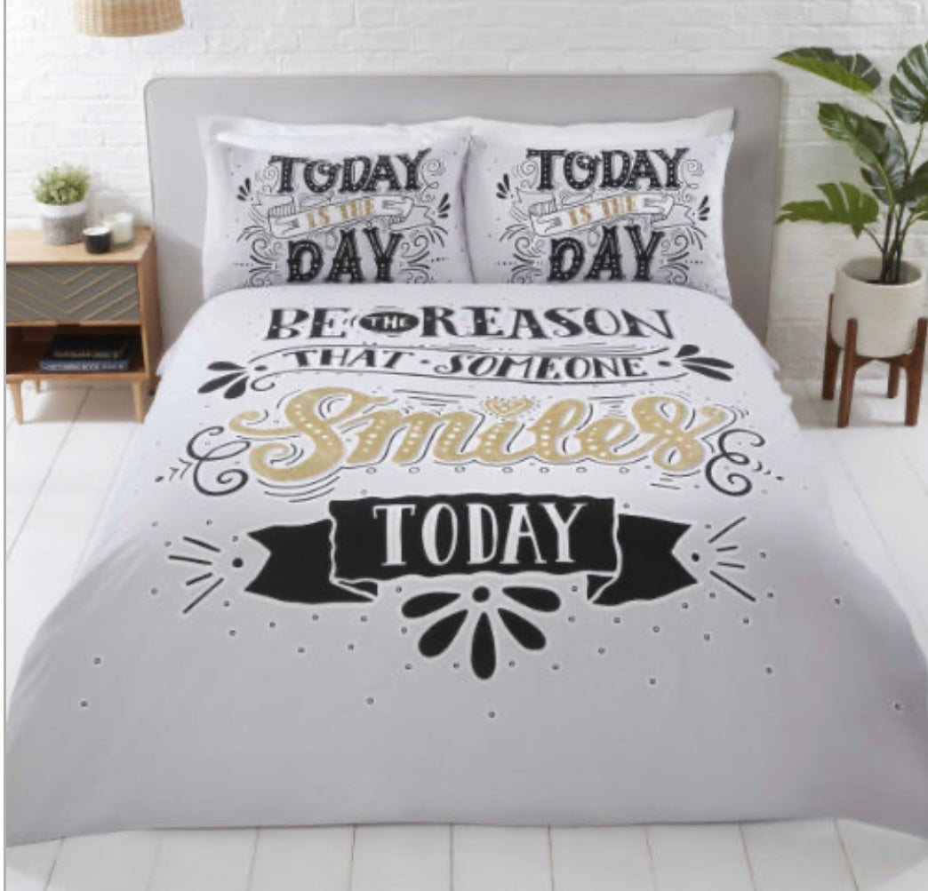 Double Duvet Cover Bed Quilt Set “Today is The Day” Black White Gold, Polycotton