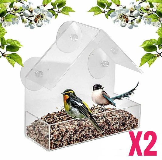 2 x Perspex Window Bird Feeders Hanging Suction Clear Viewing